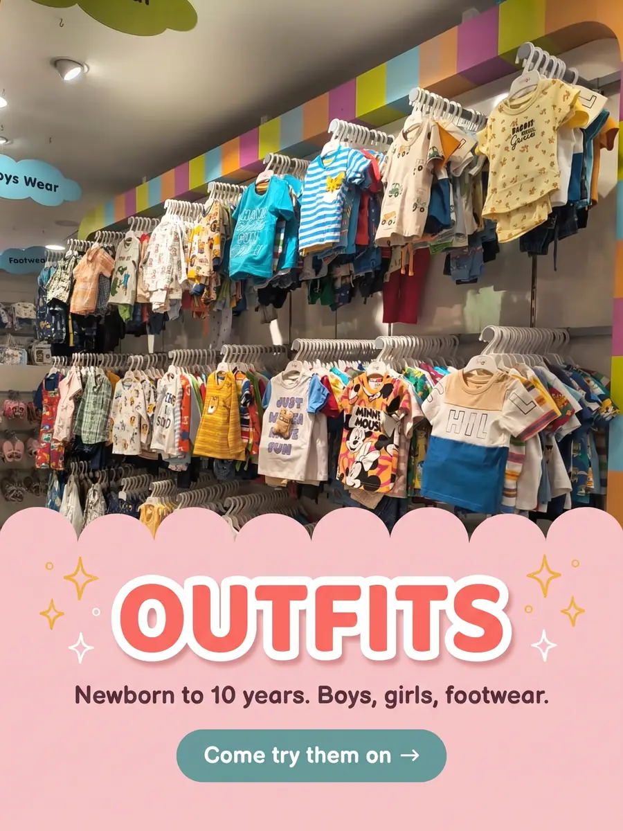 A wall of children's clothes on hangers — striped tees, Mickey Mouse prints, tiny dungarees. Text on the photo: Outfits — newborn to 10 years, boys, girls, footwear. Come try them on.